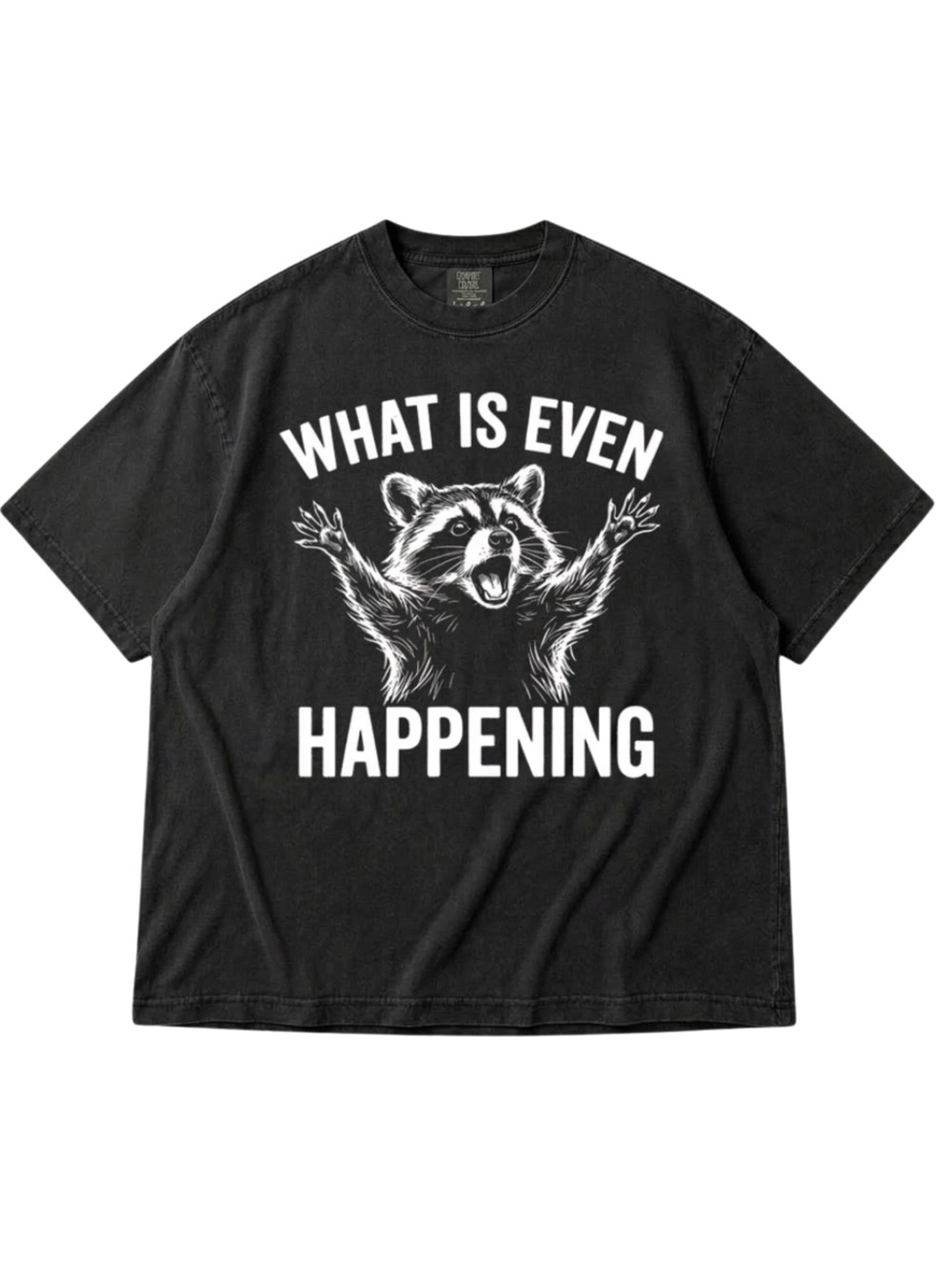 Comfort Colors Black Graphic Tee with Raccoon "What Is Even Happening"